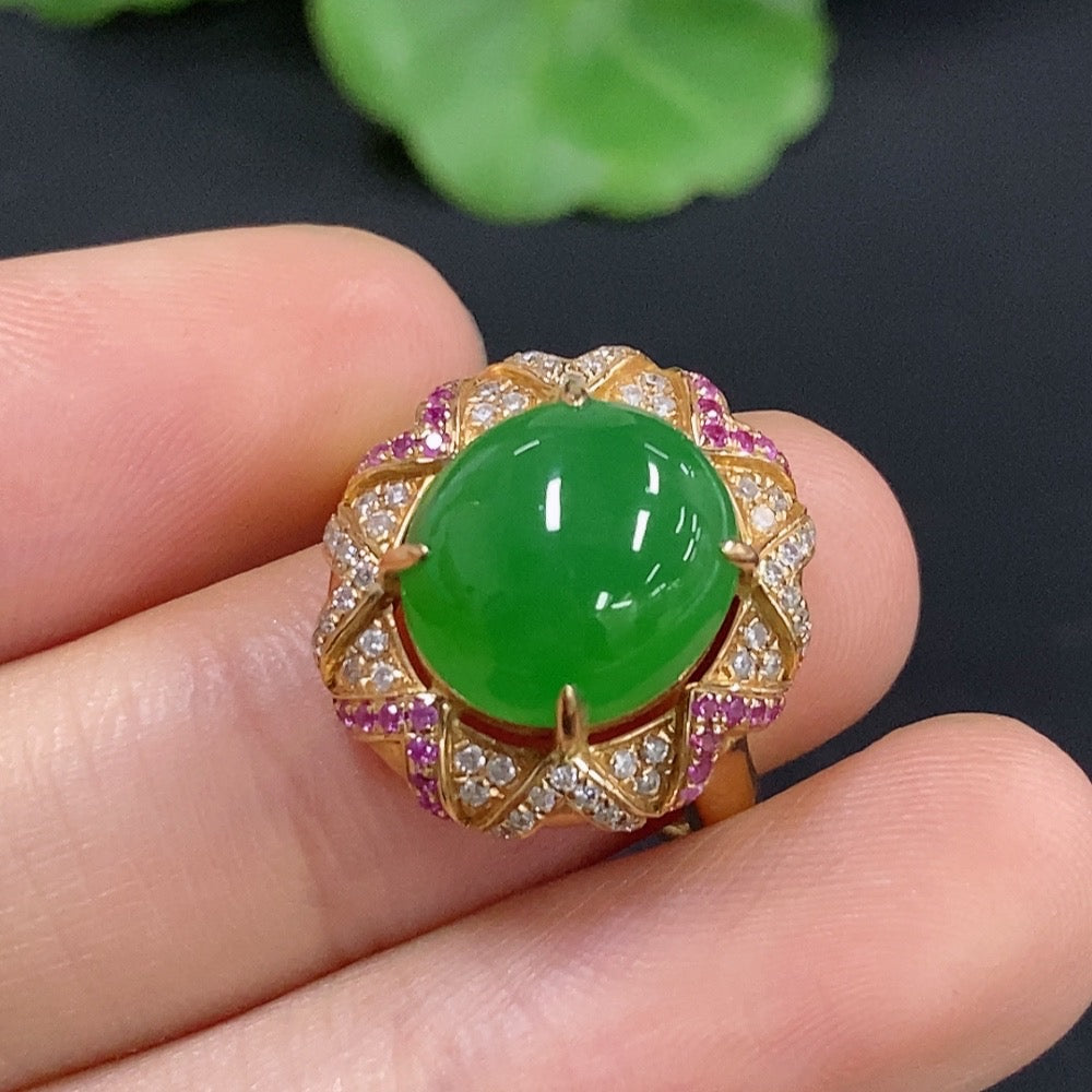 Jadeite Cabochon Ring 18K Gold with Diamond (Colorless) Size 11 Total Weight Approx. 5.92g