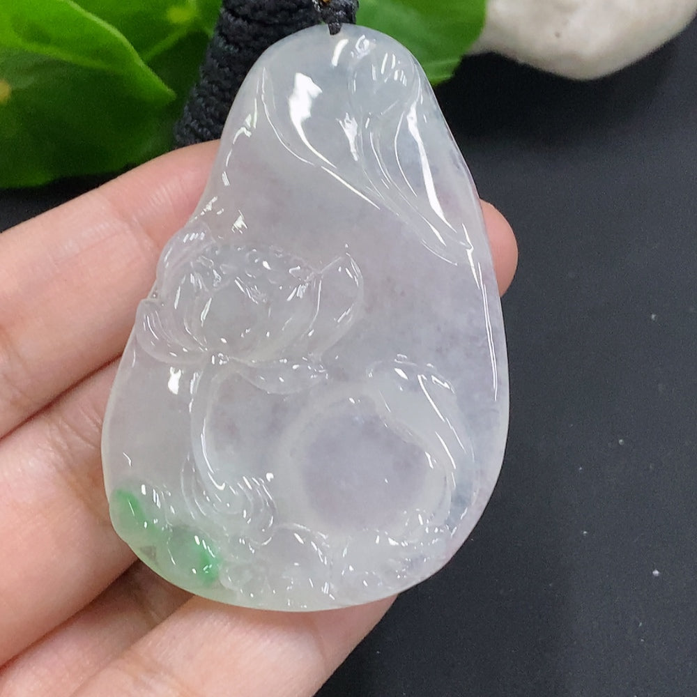 HUILIU HQ Jadeite Flower of Wealth and Honor pendant with rope, featuring a detailed jade flower design on a cord necklace.