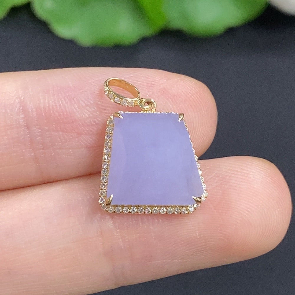 Jadeite freeform inlaid pendant with 18K gold accents and diamond details, featuring a unique, organic necklace design.