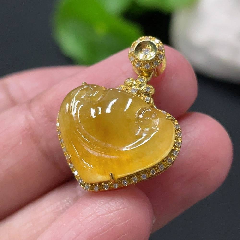 Jadeite Ruyi pendant with 18K gold and diamond accents, showcasing intricate design and polished jade surface.