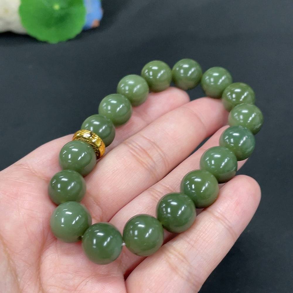 Huiliu HQ Hetian Jade bracelet with 12mm smooth, polished jade beads, certified non-opaque jade jewelry.