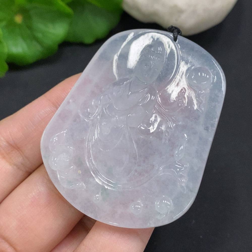Jadeite Guanyin pendant with detailed carved figure, weighing approximately 30.4g, crafted from high-quality jade by HUILIU HQ.
