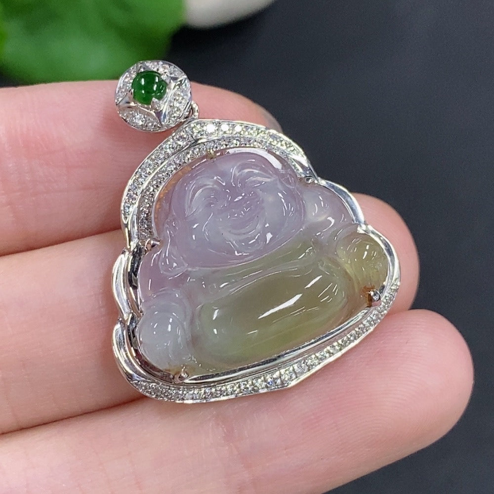 Jadeite Buddha Pendant with 18k Gold and Diamond Accents, Total Weight Approximately 5.2g