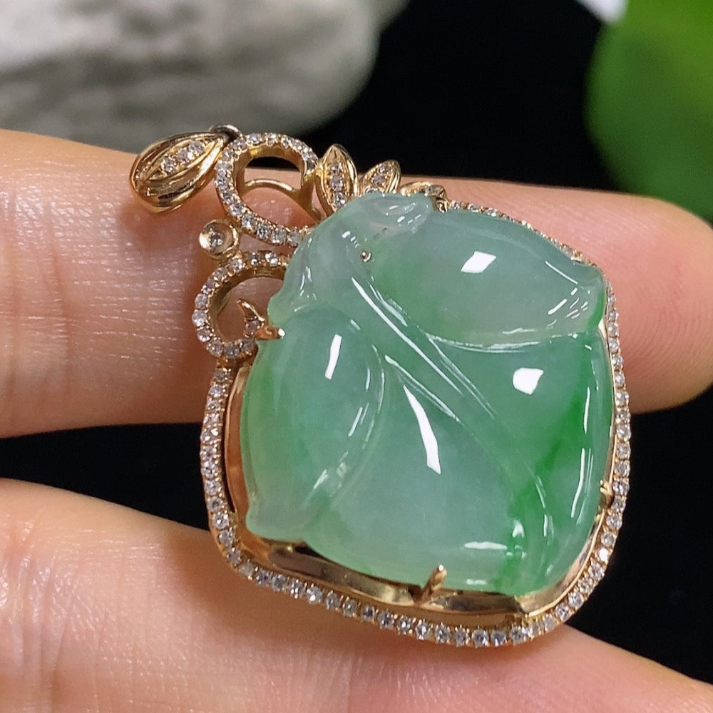 Jadeite Leaf Pendant with 18K Gold and Diamond Accents