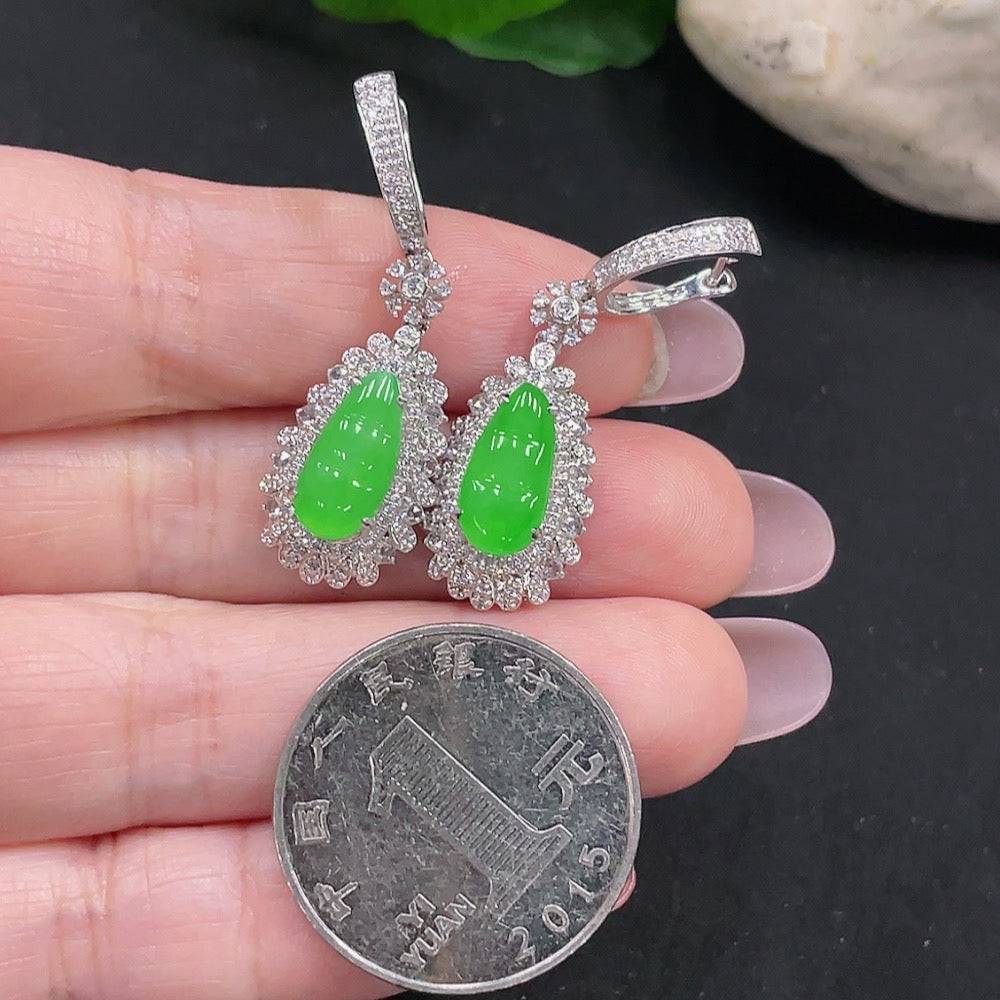 HUILIU HQ jadeite auspicious bean inlaid earrings with 18K gold, large size, crafted with intricate design, weight approximately 6.9g