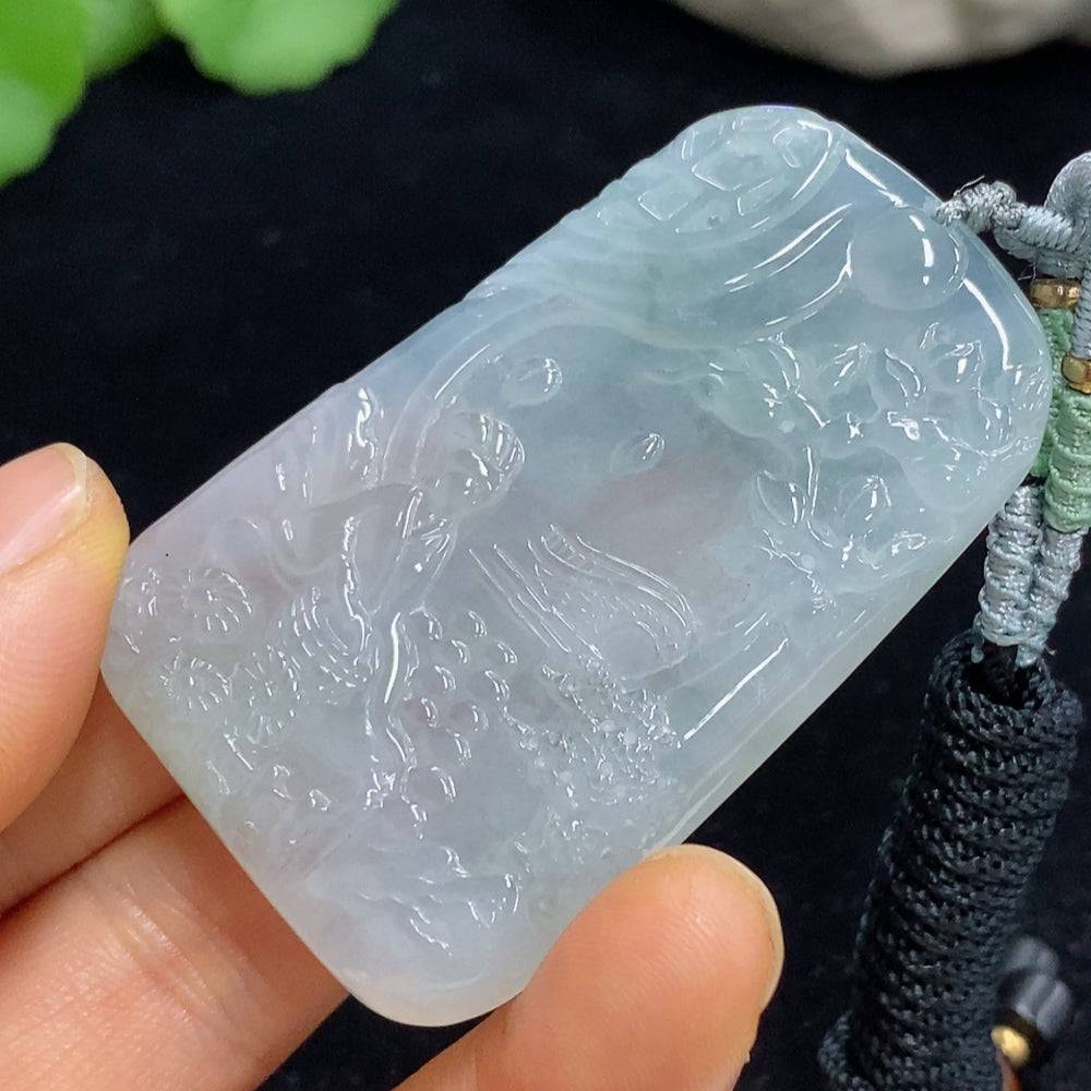 Jadeite landscape pendant with rope, crafted from green jade, weighing approximately 37.09g, featuring intricate natural stone details.