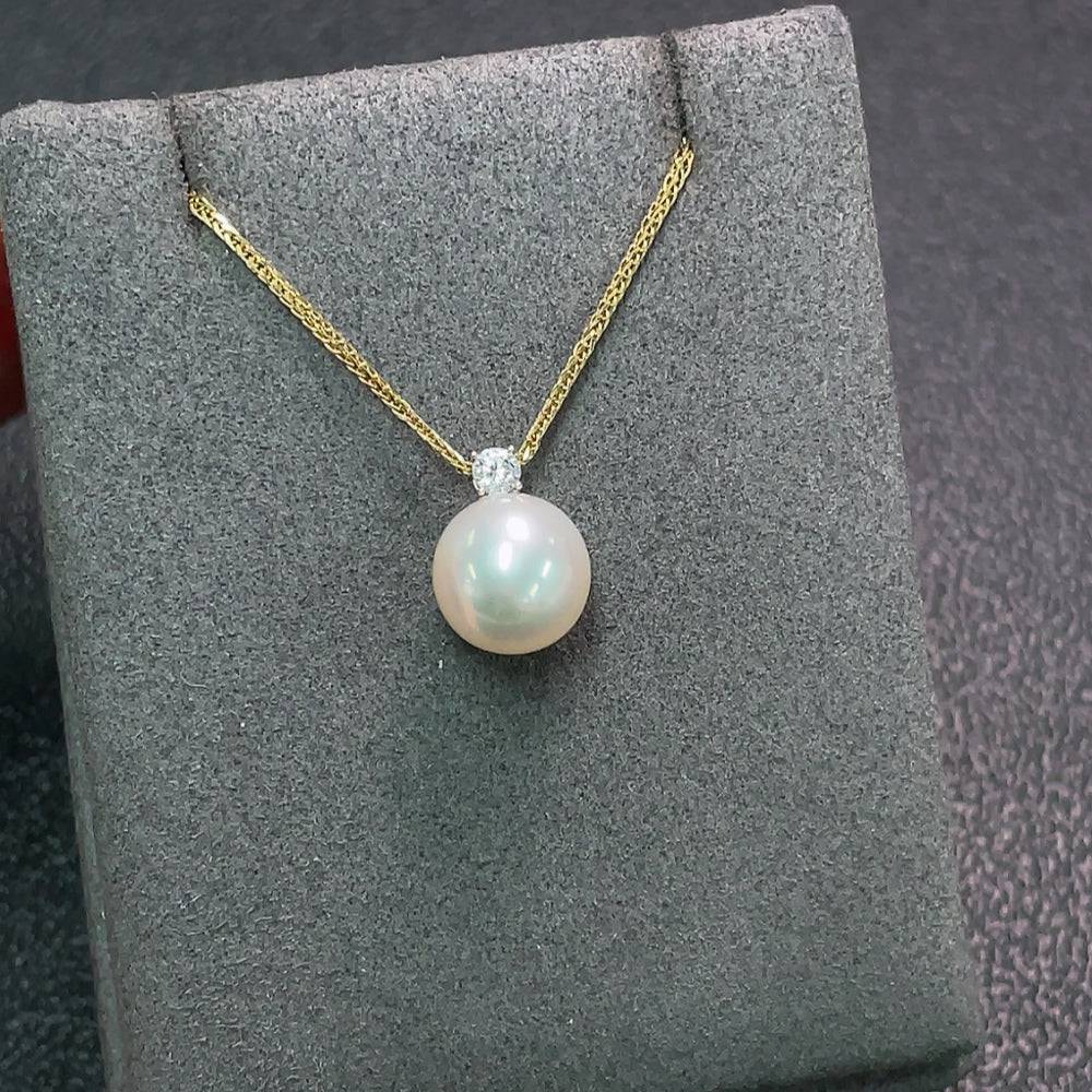 HUILIU HQ 18K saltwater pearl necklace with 9.9mm pearls, total weight 3.71g, elegant jewelry with lustrous white pearls.
