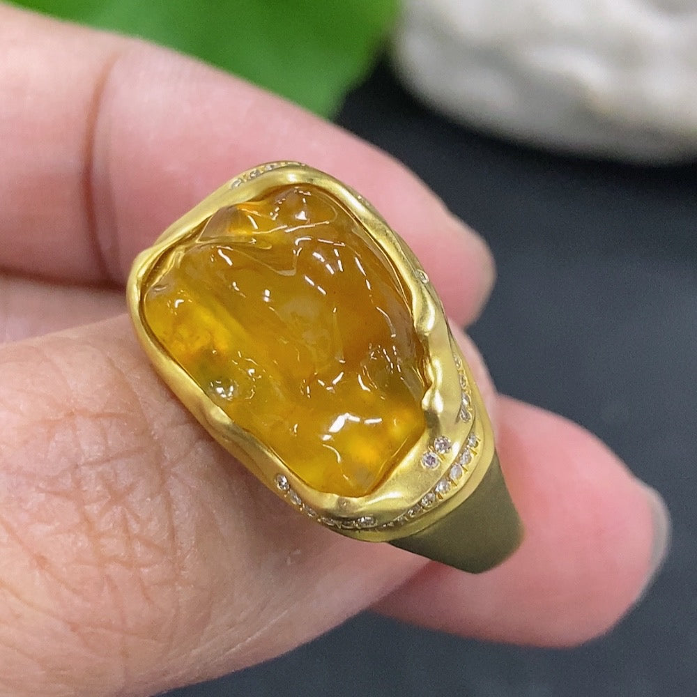 Jadeite inlaid ring with 18k gold and diamond accents, size 16, showcasing intricate craftsmanship and luxurious design.