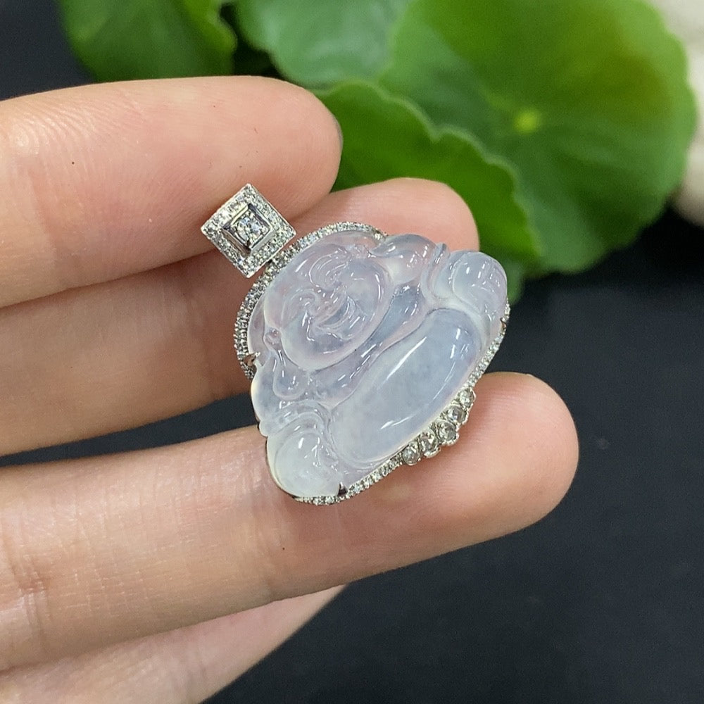 Jadeite Buddha Pendant Set in 18K Gold with Diamond Accents, Total Weight Approximately 4.06g