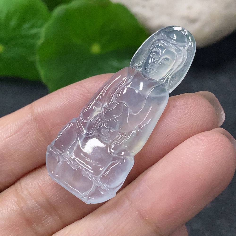Jadeite Guanyin pendant with intricate carving, weighing approximately 4.35g, crafted by HUILIU HQ, featuring detailed Asian religious design.