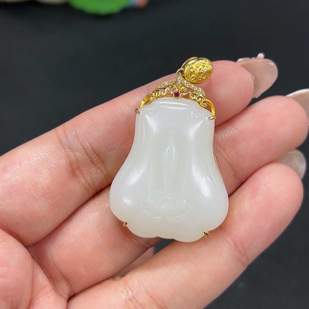 Hetian Jade Inlaid Pendant Ping Ping An An Total Weight Approx. 18.3g 18k Non-Diamond