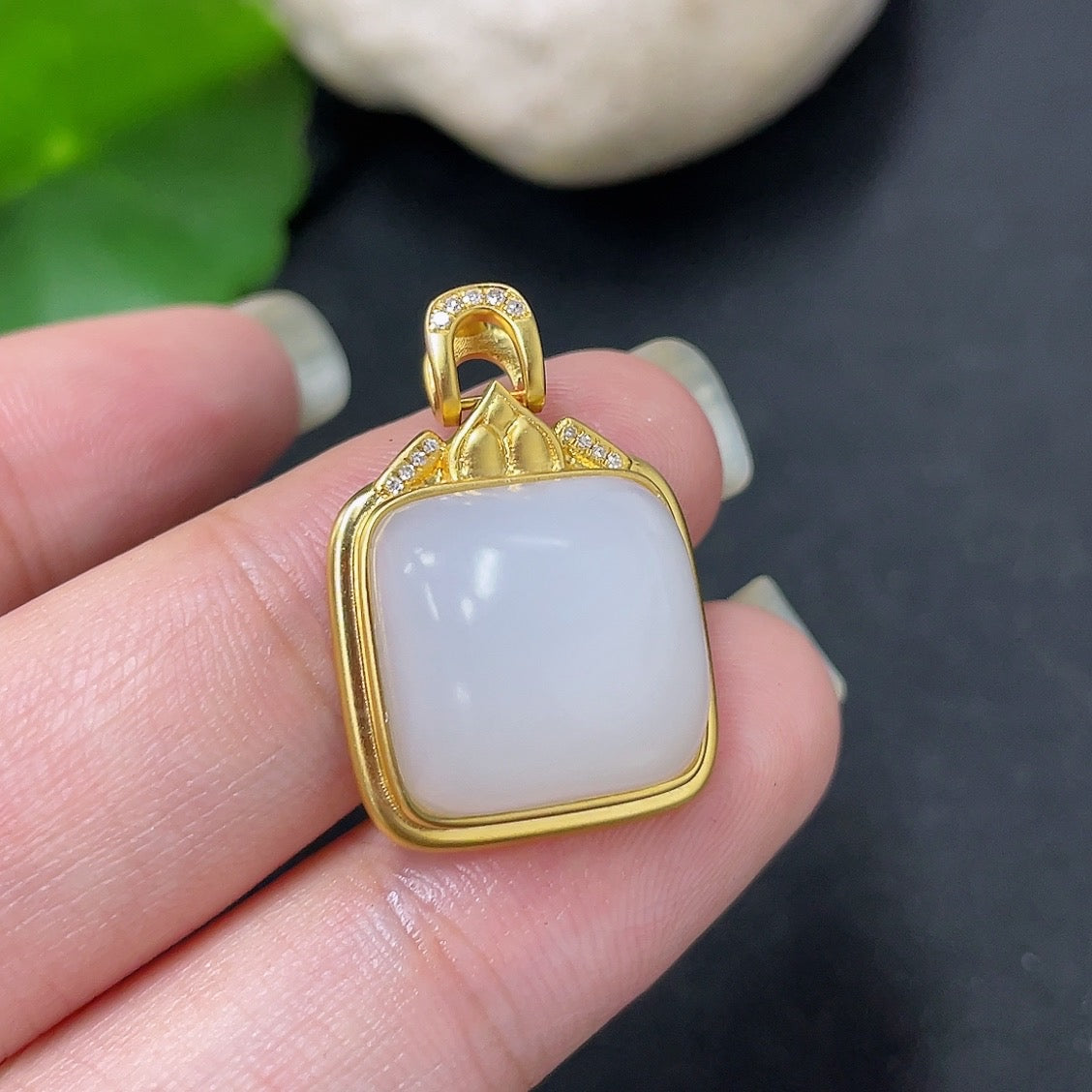 Hetian jade pendant with diamond accents in 18K gold, HKHQ necklace, plain design with elegant craftsmanship.