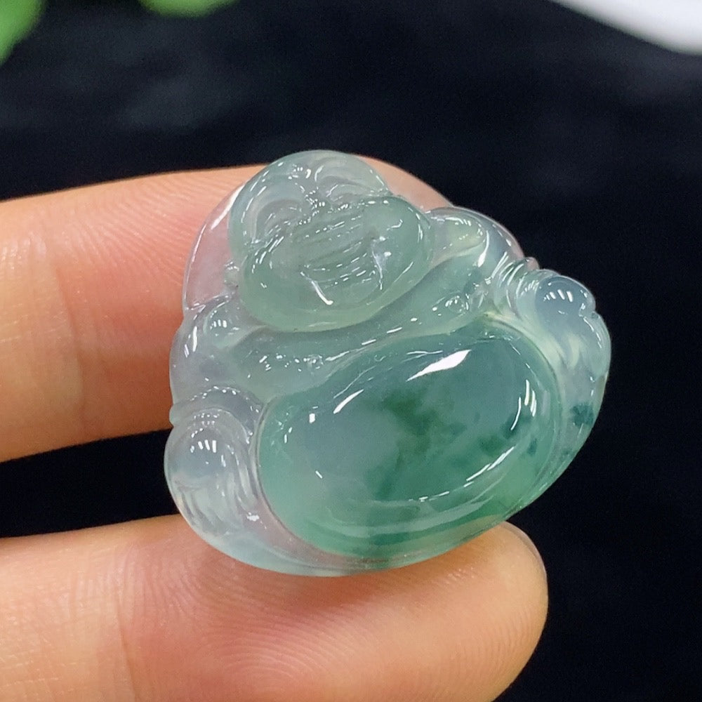 Jadeite Buddha pendant from HUILIU HQ, carved from green jade, weighs approximately 5.96g, with detailed Buddha figure visible.