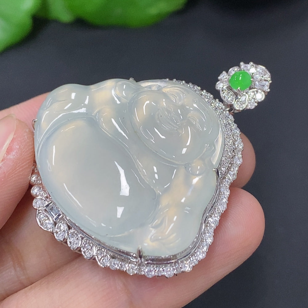 Jadeite Buddha Pendant Set in 18K Gold, Total Weight Approx. 18.2g (with Diamond Accents)