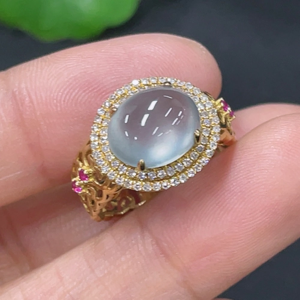 Jadeite inlaid ring 18k with diamond (colorless) size 9 total weight approx. 2.67g