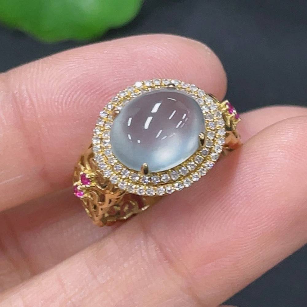 Huiliu Jadeite ring with inlaid diamond, featuring a smooth jade band and a sparkling colorless diamond accent.