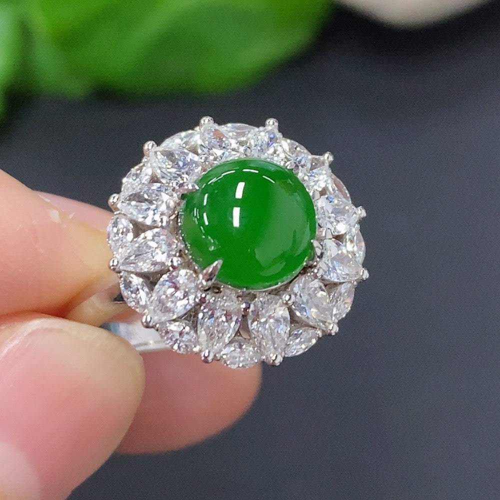 Jadeite cabochon inlaid ring with diamond accents, 18K gold band, size 12, from HUILIU HQ, weighs approx. 5.2g