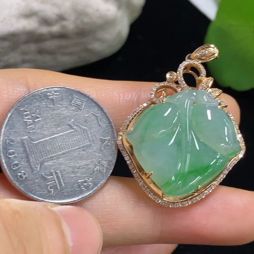 Jadeite Leaf Pendant with 18K Gold and Diamond Accents