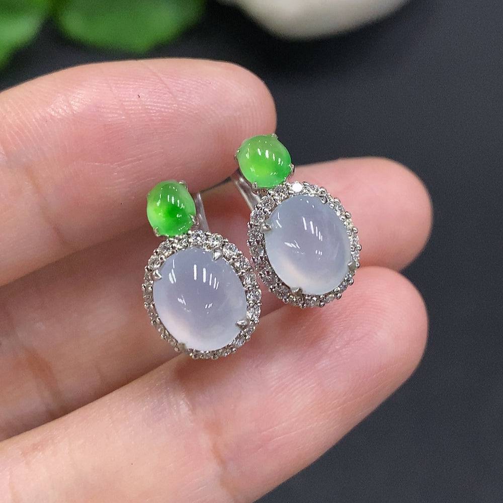 HUILIU HQ Jadeite cabochon earrings with 18k gold and diamond accents, showcasing smooth green jade stones and elegant design