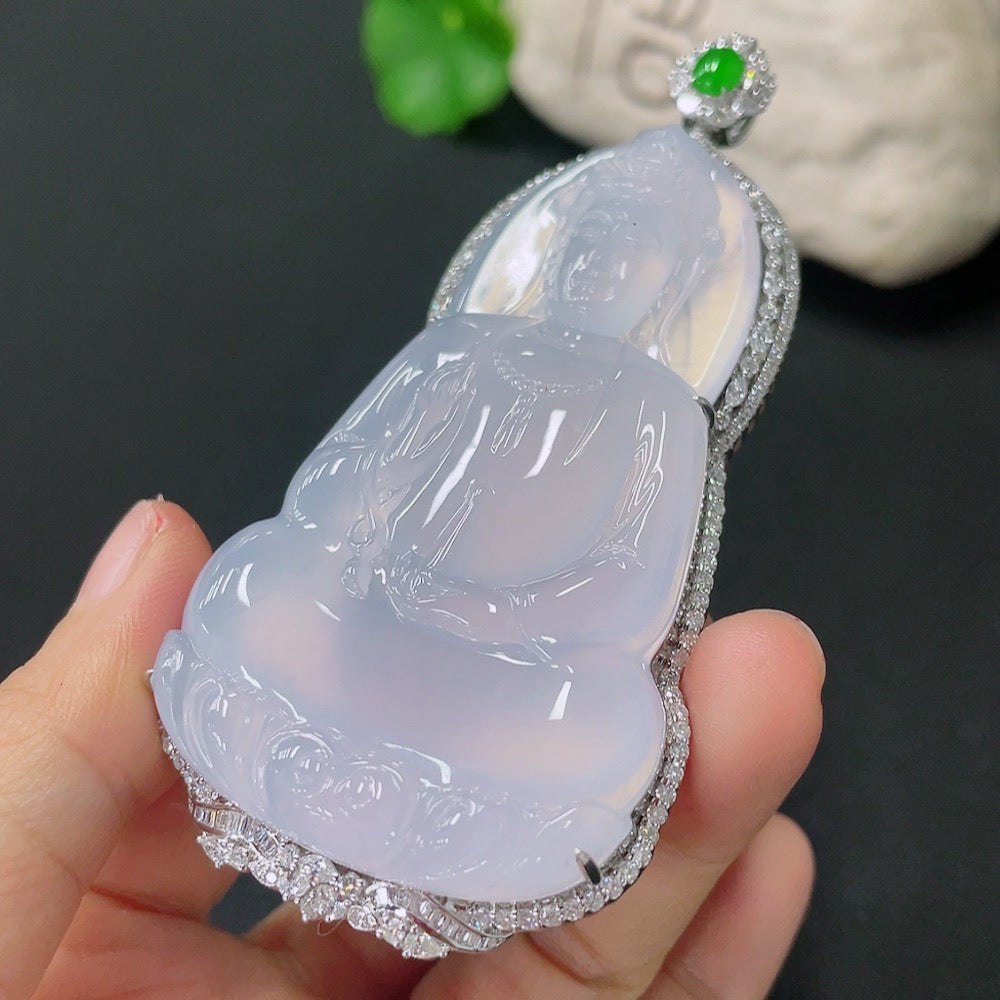 Jadeite Guanyin pendant with 18k gold and diamond accents, weighing approximately 56.27g, featuring intricate inlaid jade design.