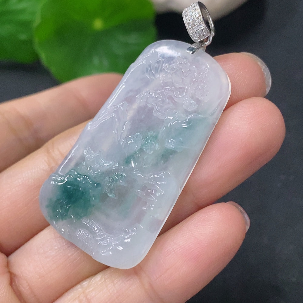 Jadeite Pendant Landscape Plaque with 18K Gold and Diamond Accents, Total Weight Approximately 12.97g