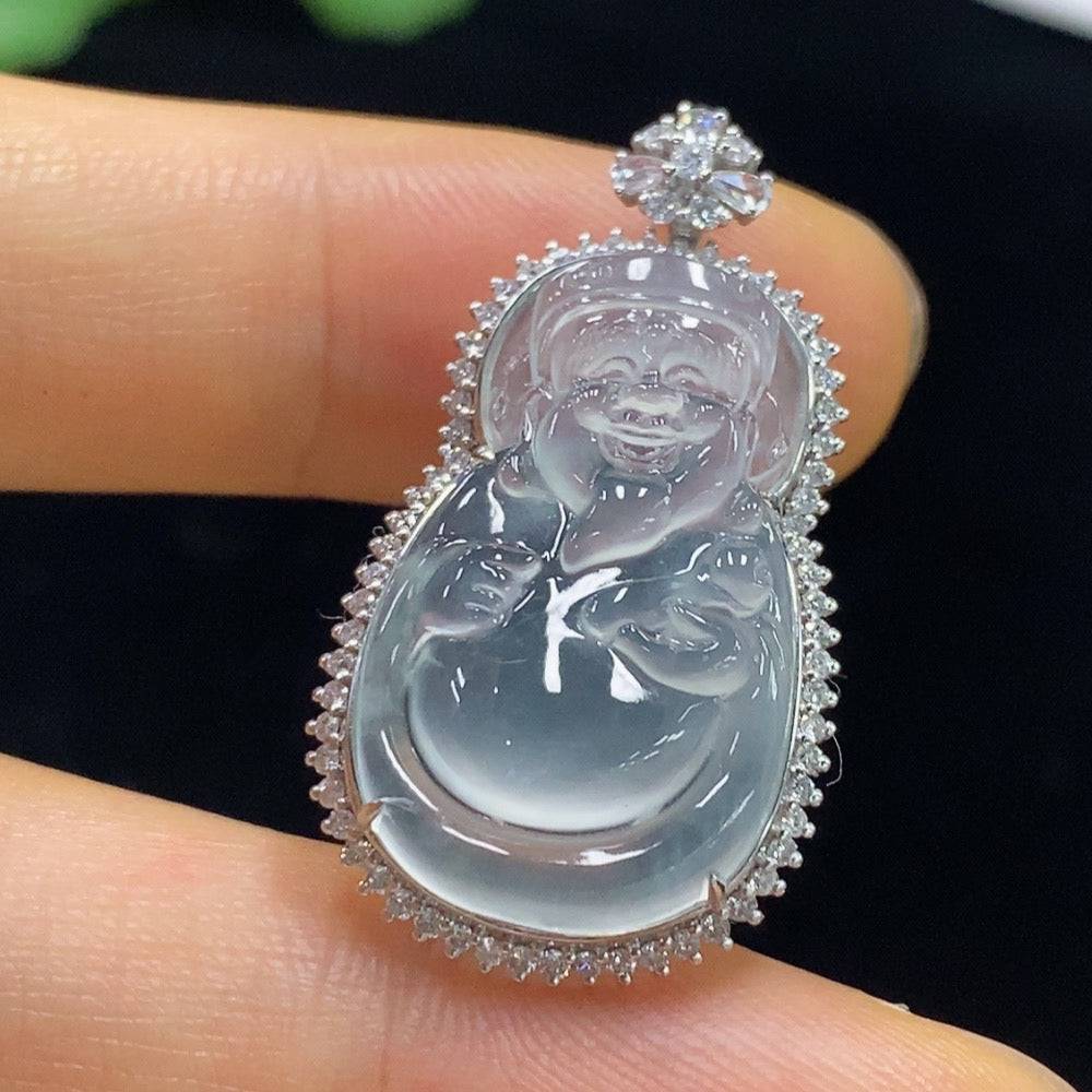 Jadeite Maitreya pendant with inlaid diamonds, 18k gold, from HUILIU HQ, showcasing the detailed jade and diamond design.