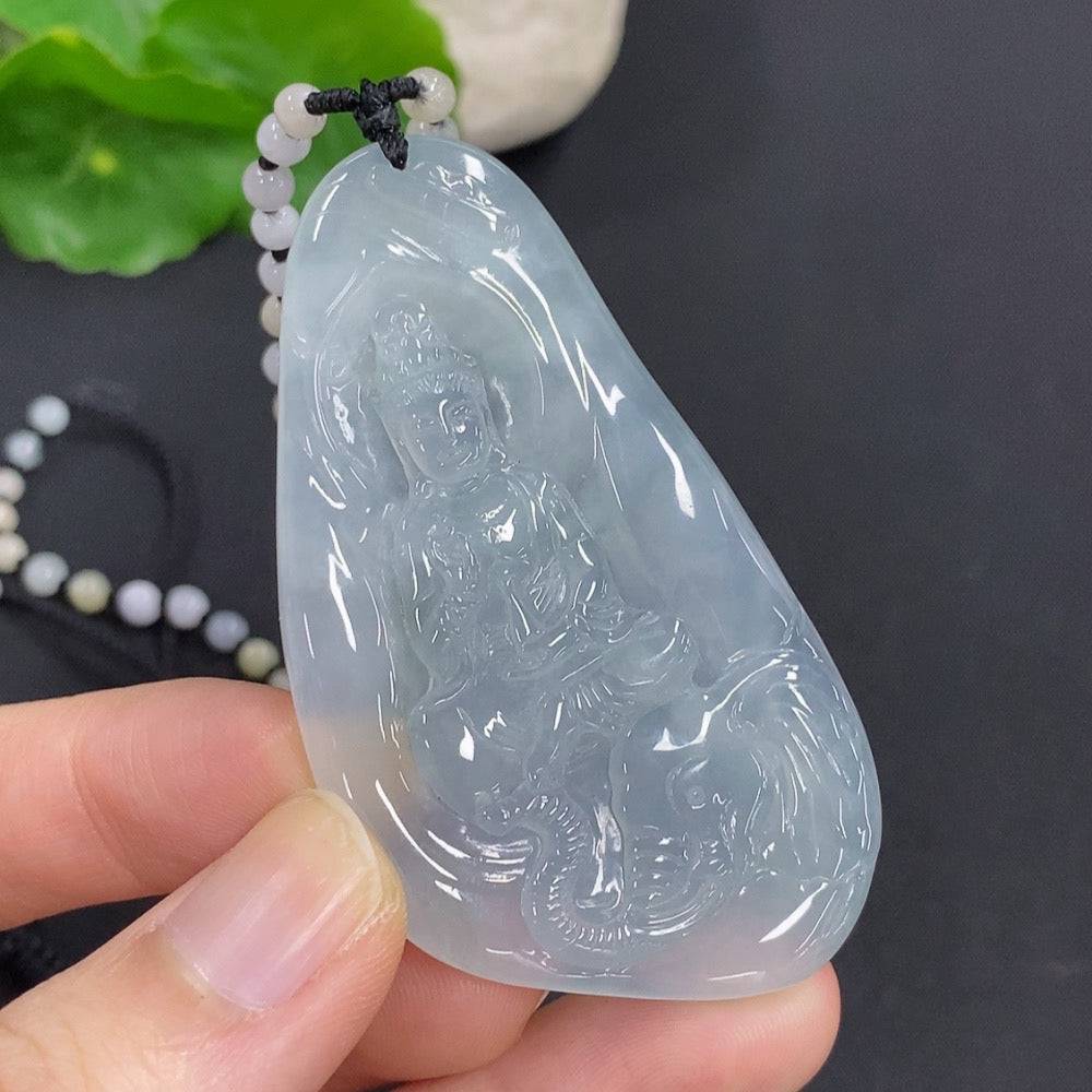 Jadeite Samantabhadra Bodhisattva pendant from HUILIU HQ, featuring detailed carved jade figure on a cord necklace.
