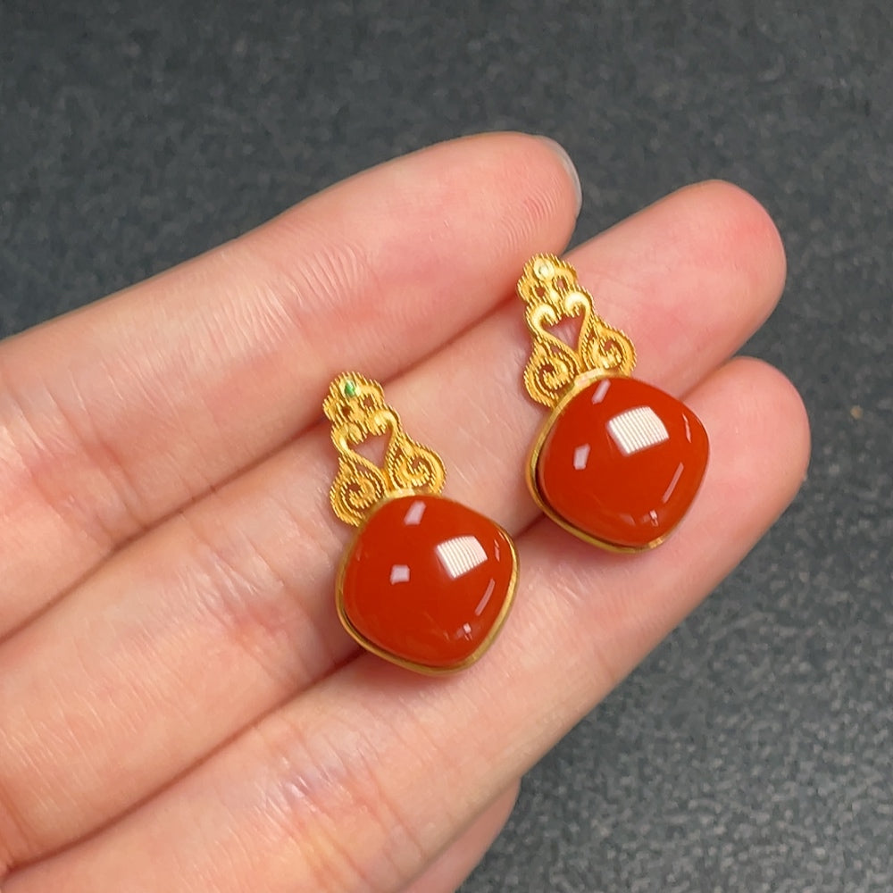 Red Agate Earrings with Visible Organic Matter, Diamond Accents, and Possible Non-Natural Gemstones, Approximately | Huiliu Certified