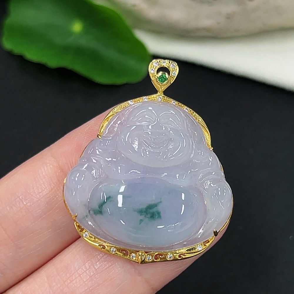 Jadeite Buddha inlaid pendant on gold necklace, HKHQ, 18K gold tested, non-diamond, weighs approx. 6.47g, detailed craftsmanship