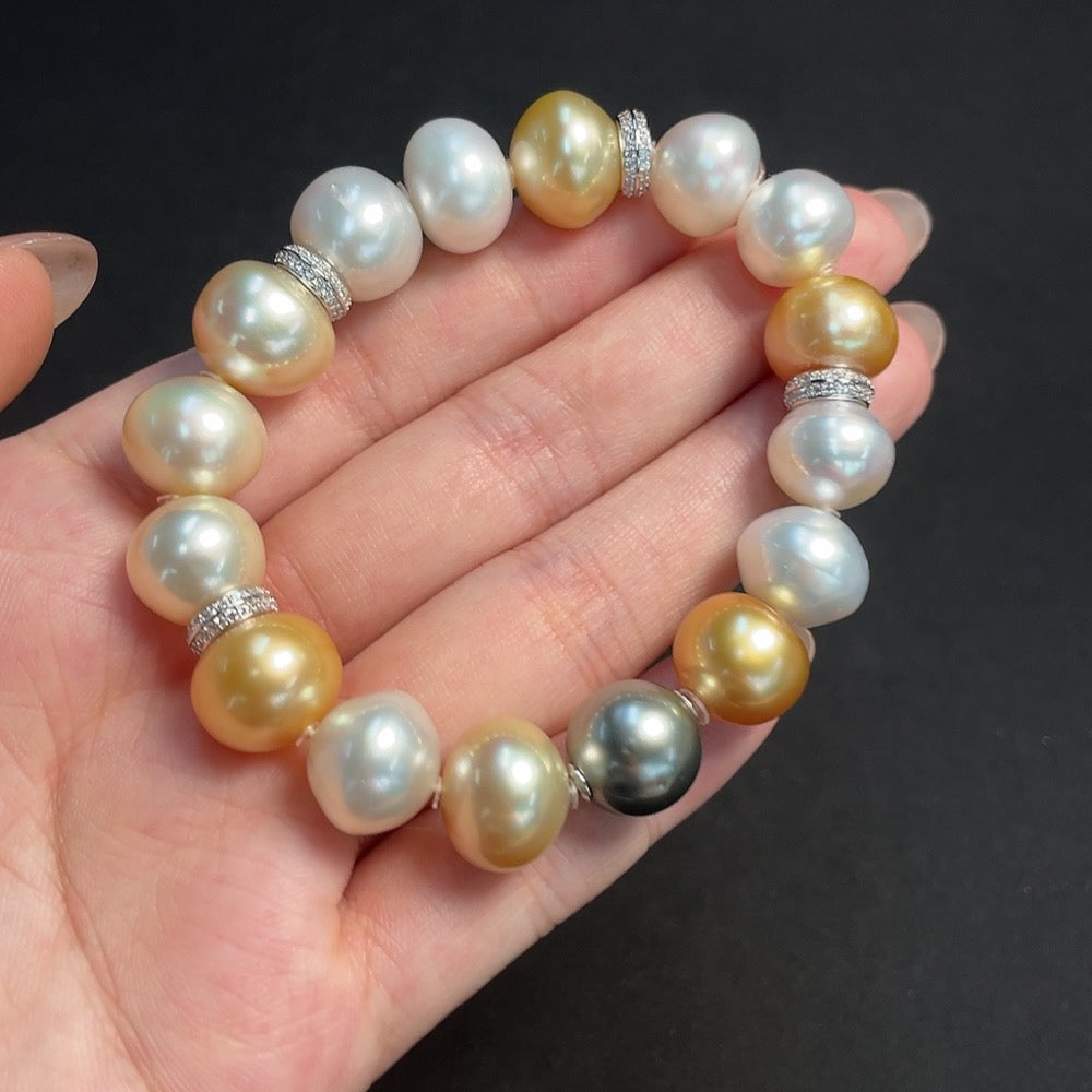 HKHQ seawater pearl bracelet with 12.3mm pearls, non-gold setting, featuring natural-colored pearls on a jewelry strand.