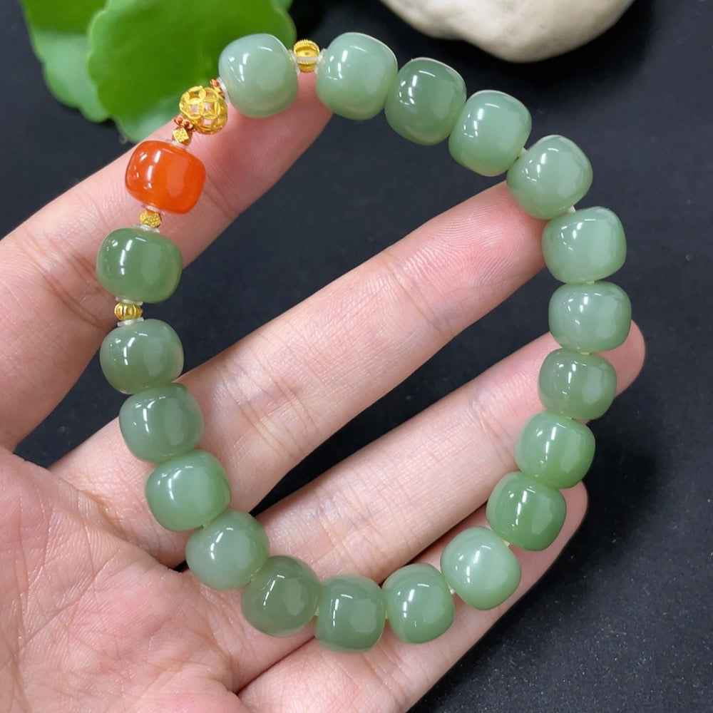 Hetian Jade Jasper Bracelet approx. 9.5mm no stamp gold-tested red spacer 66% gold content other parts 18k gold non-Hetian Jade bead (red)