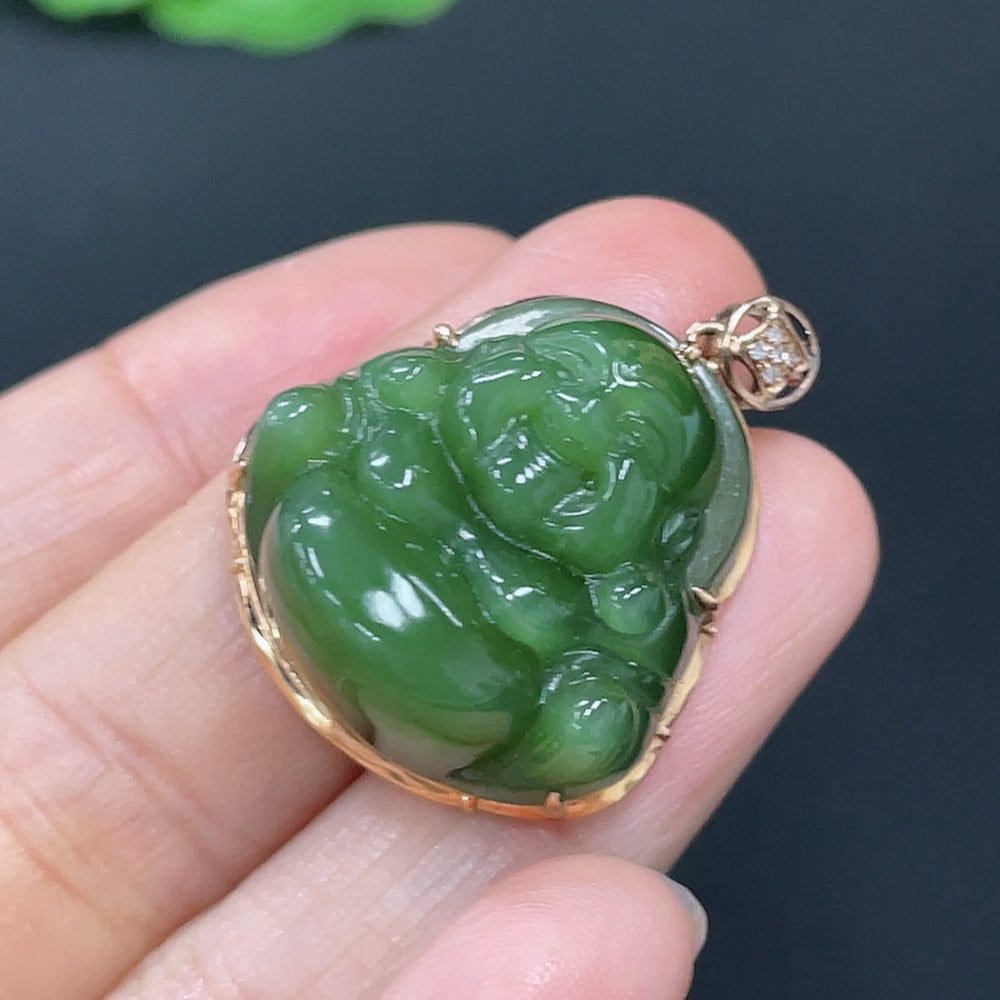 Hetian Jade Jasper Inlaid Buddha Pendant with 18K Gold Clasp, Main Body 70% Gold Content, Accented with Diamonds