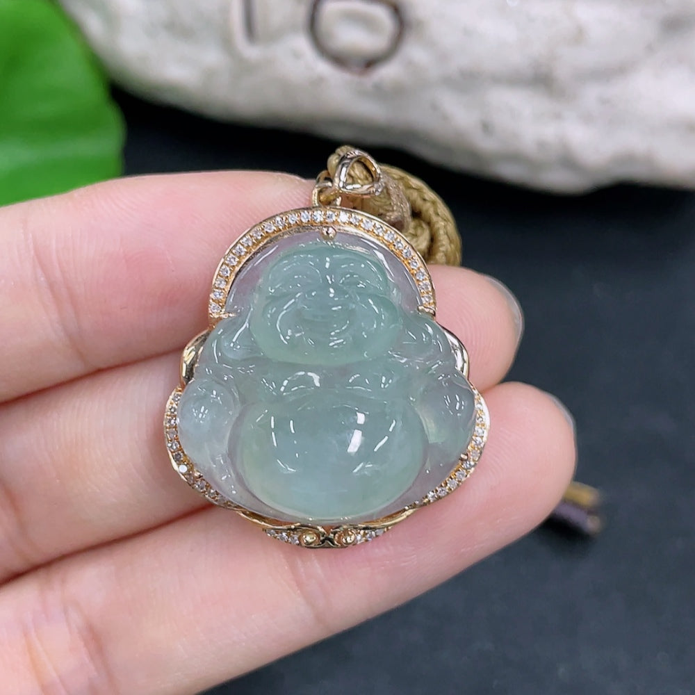 Jadeite Pendant Buddha with 18K Gold and Diamond Accents, Including Rope