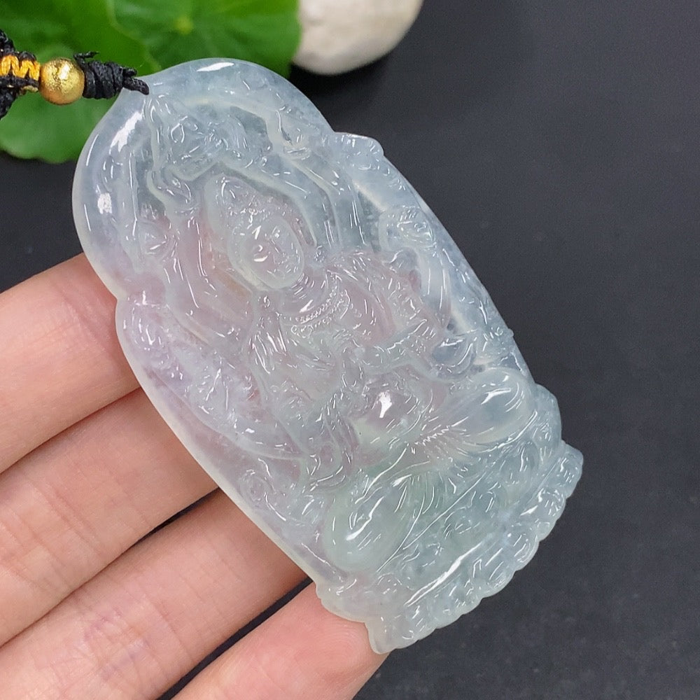 Jadeite Thousand-Hand Guanyin pendant necklace by HKHQ featuring detailed carved Buddhist deity design.