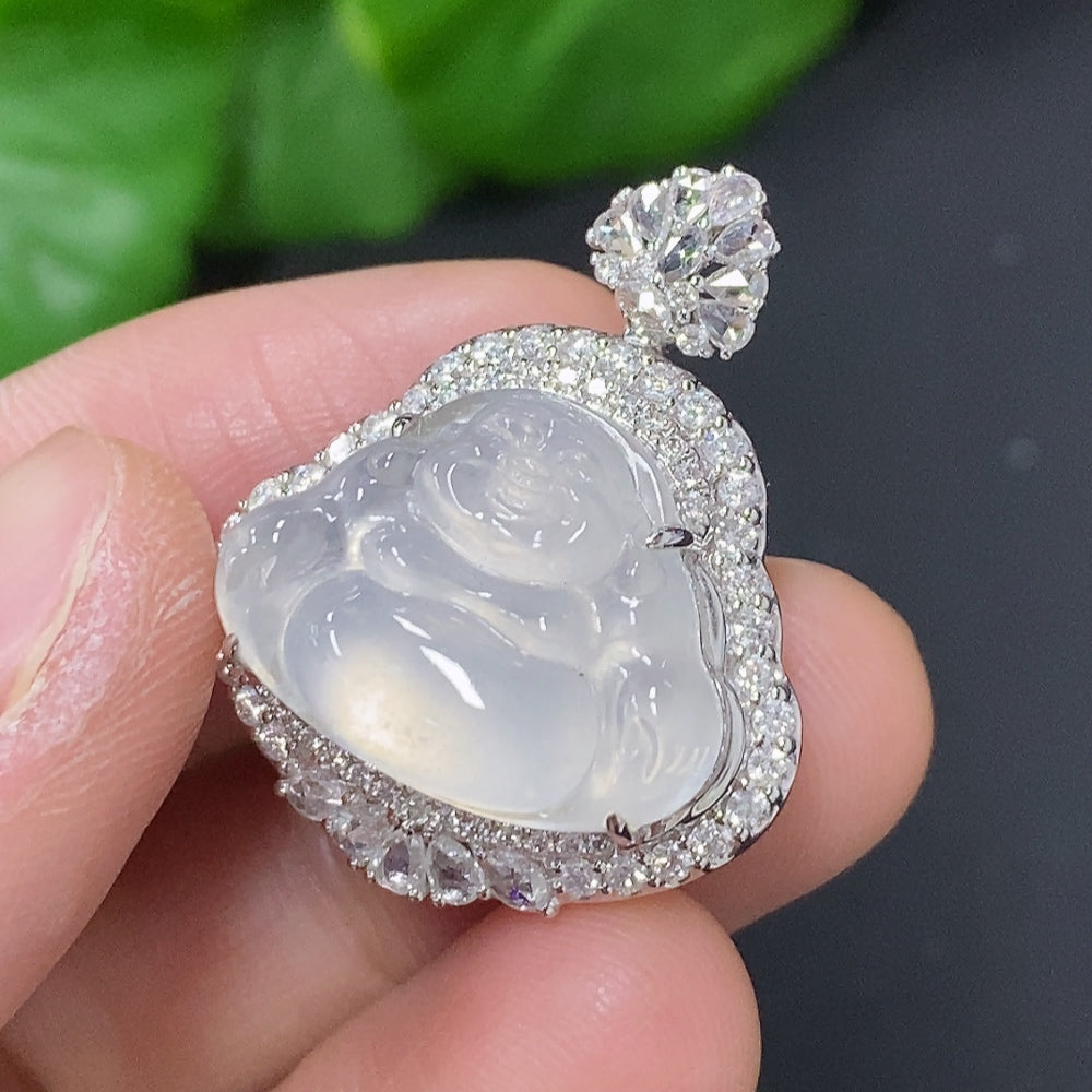 Jadeite Buddha Pendant with 18K Gold Setting, Total Weight Approx. 7.7g (Accented with Diamonds)