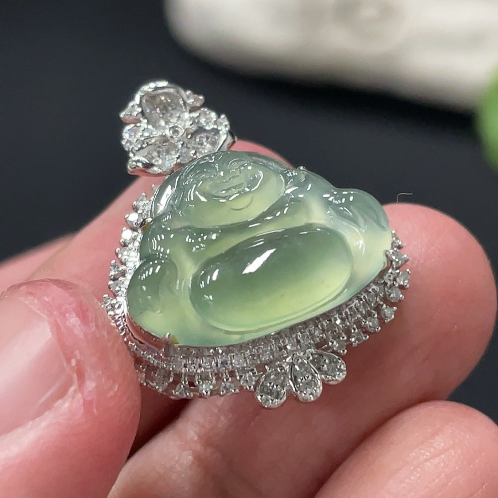 Jadeite Buddha Pendant Set in 18k Gold with Diamond Accents, Total Weight Approx. 4.08g