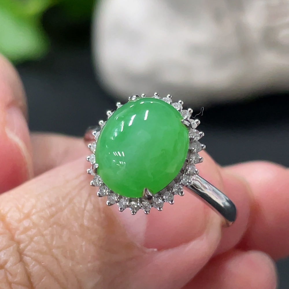 Jadeite Cabochon Ring . with Diamond Accents | Huiliu Certified