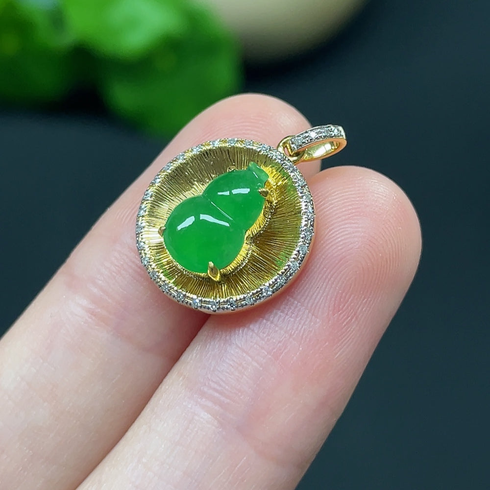 Jadeite Gourd Inlaid Pendant 18k with Diamond Accents