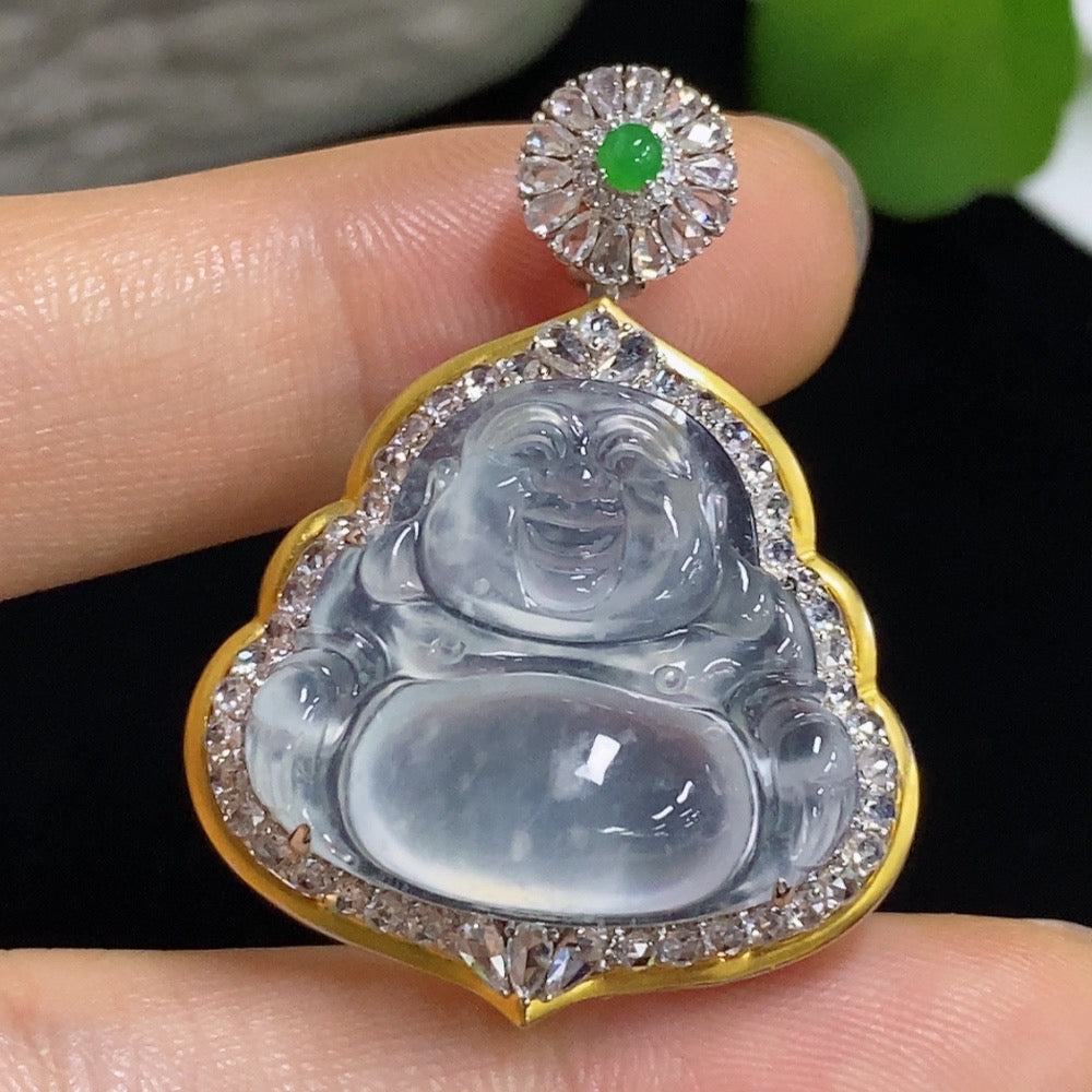 Jadeite Buddha pendant necklace with 18K gold and diamond accents, showcasing intricate craftsmanship and a polished finish.