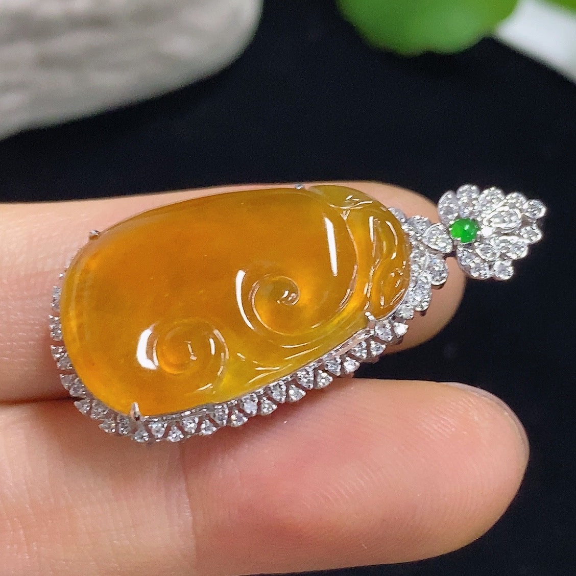 Jadeite Ruyi Inlaid Pendant with 18K Gold and Diamond Accents, Color Origin Undetermined