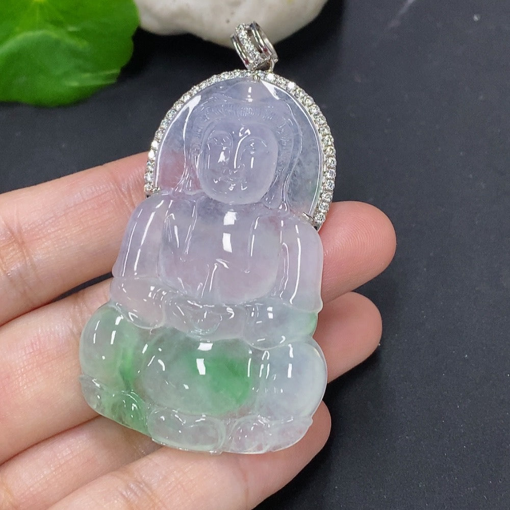 Jadeite Guanyin pendant with 18K gold setting, intricate mineral inlay, crafted by HKHQ, weight approximately 21.1 grams.
