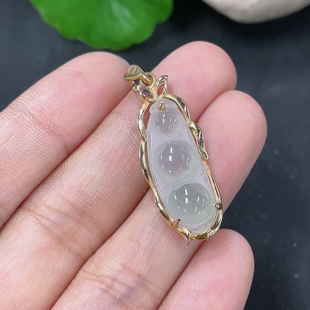 Jadeite Lucky Bean Pendant with 18K Gold Setting