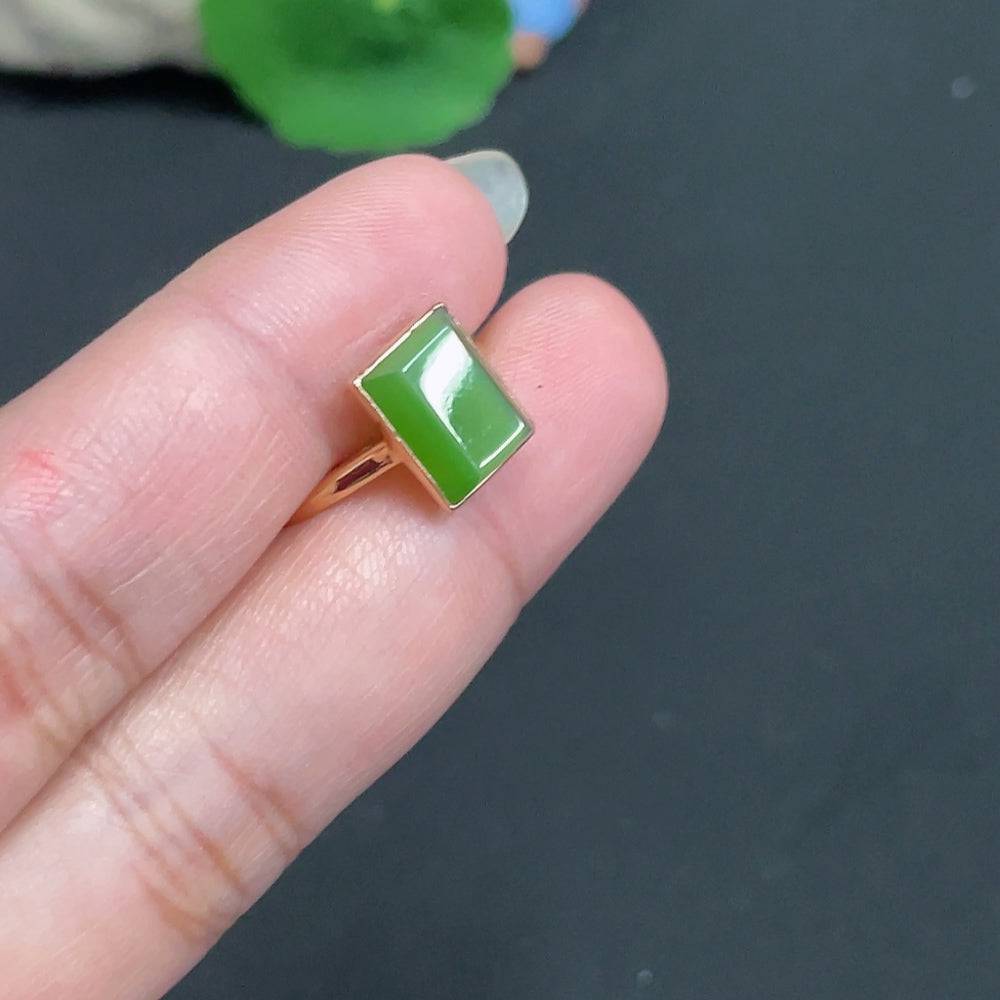 Hetian jade inlaid ring by HUILIU HQ, size 14.5, 1.8g, featuring detailed jade and 18k gold craftsmanship.