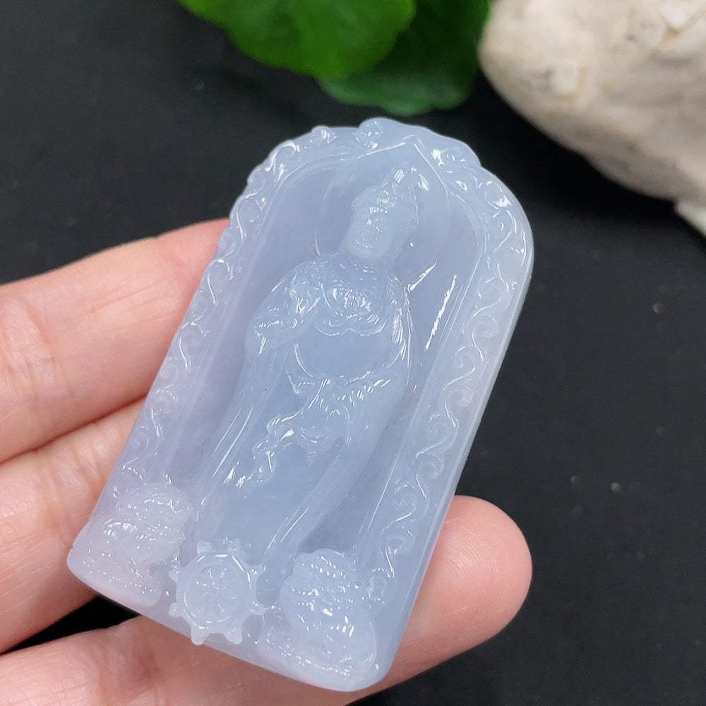 Jadeite Guanyin pendant with intricate carving, crafted from green jade, weighing approximately 45.2g, by HUILIU HQ.