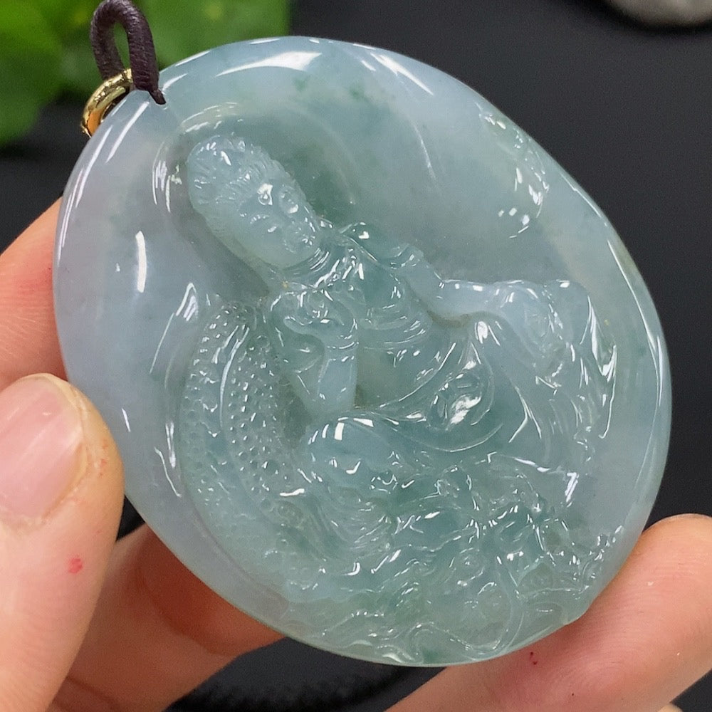 Jadeite Dragon-Guarding Guanyin Pendant (Non-Gold-Inlaid)