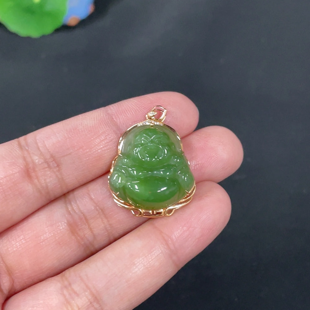 Huiliu Hetian Jade Jasper Inlaid Pendant with Buddha and diamond accents, featuring intricate craftsmanship and natural jade tones.