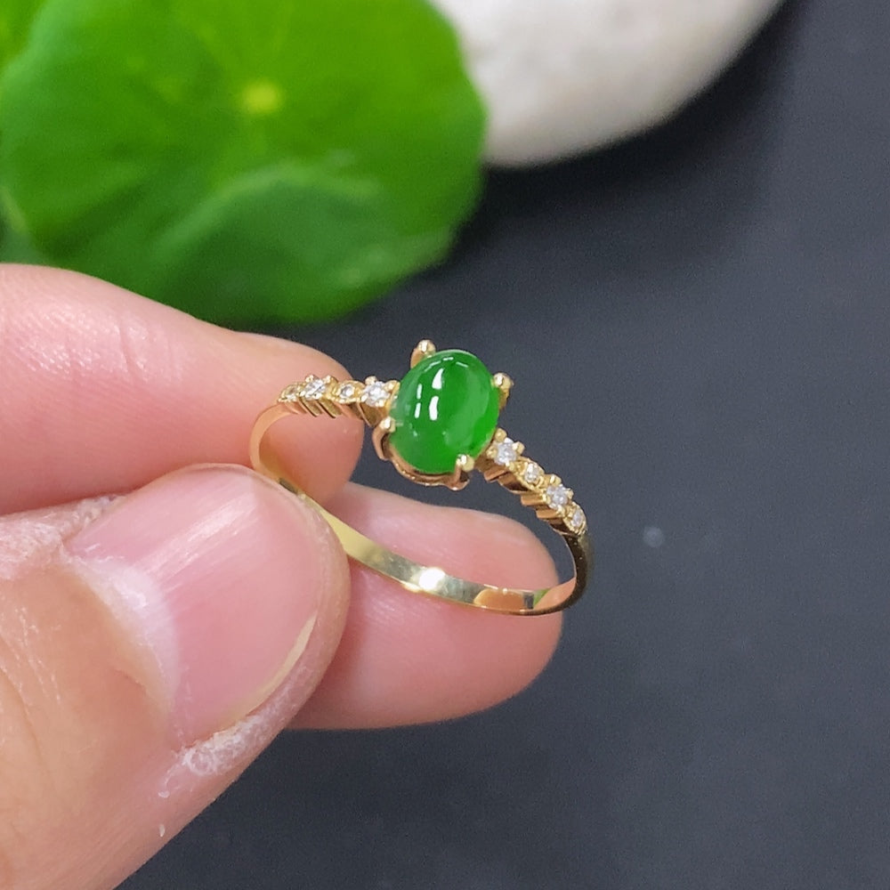 Jadeite Cabochon Inlaid Ring (Au73%) . (With Diamond Accents) | Huiliu Certified
