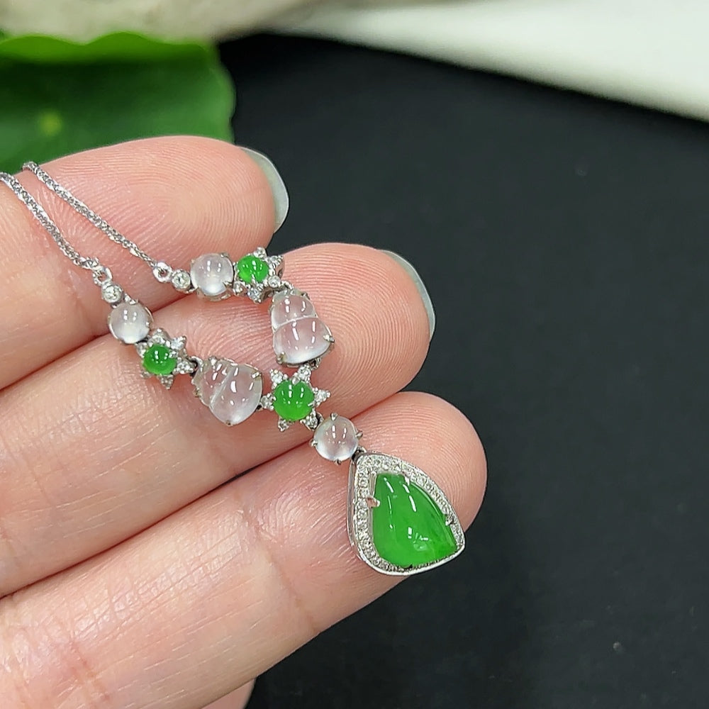 Jadeite necklace with diamond accents in 18K gold, HKHQ jewelry, featuring green jade stones and delicate gold chain.