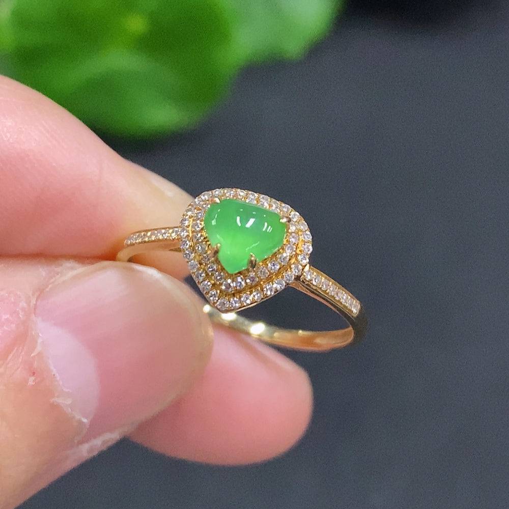 Jadeite ring with 18K gold band, accented with diamonds, size 15, from HUILIU HQ, lightweight jewelry with detailed craftsmanship.