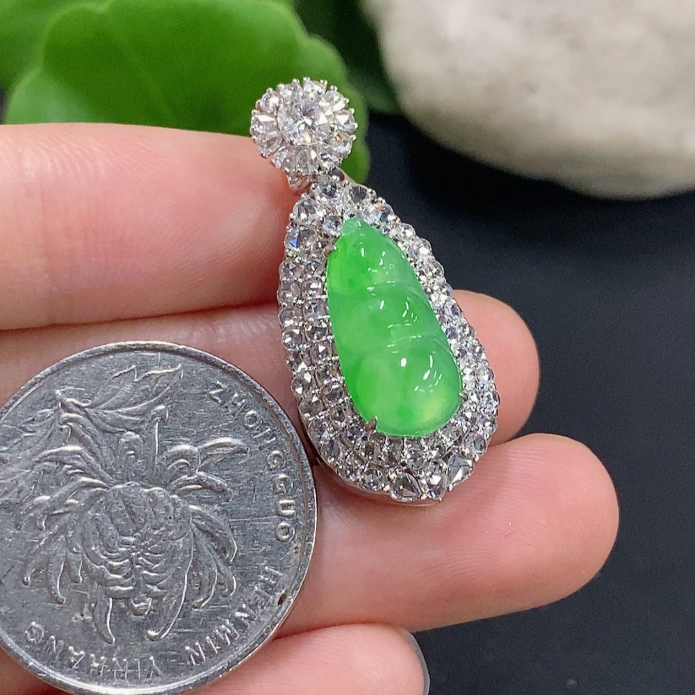 Jadeite lucky bean pendant necklace by HKHQ featuring 18K gold and diamond accents, showcasing intricate craftsmanship and elegant design.